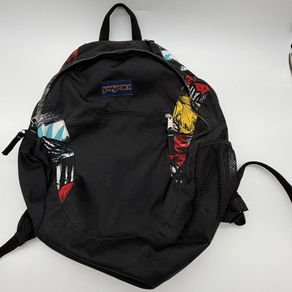 JanSport Black Multicolor Graphic Backpack School Bag Floral Red Yellow Blue